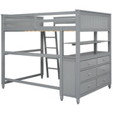 Full size Loft Bed with Drawers and Desk, Wooden Loft Bed with Shelves - Gray(OLD SKU:LT000529AAE) Home Elegance USA