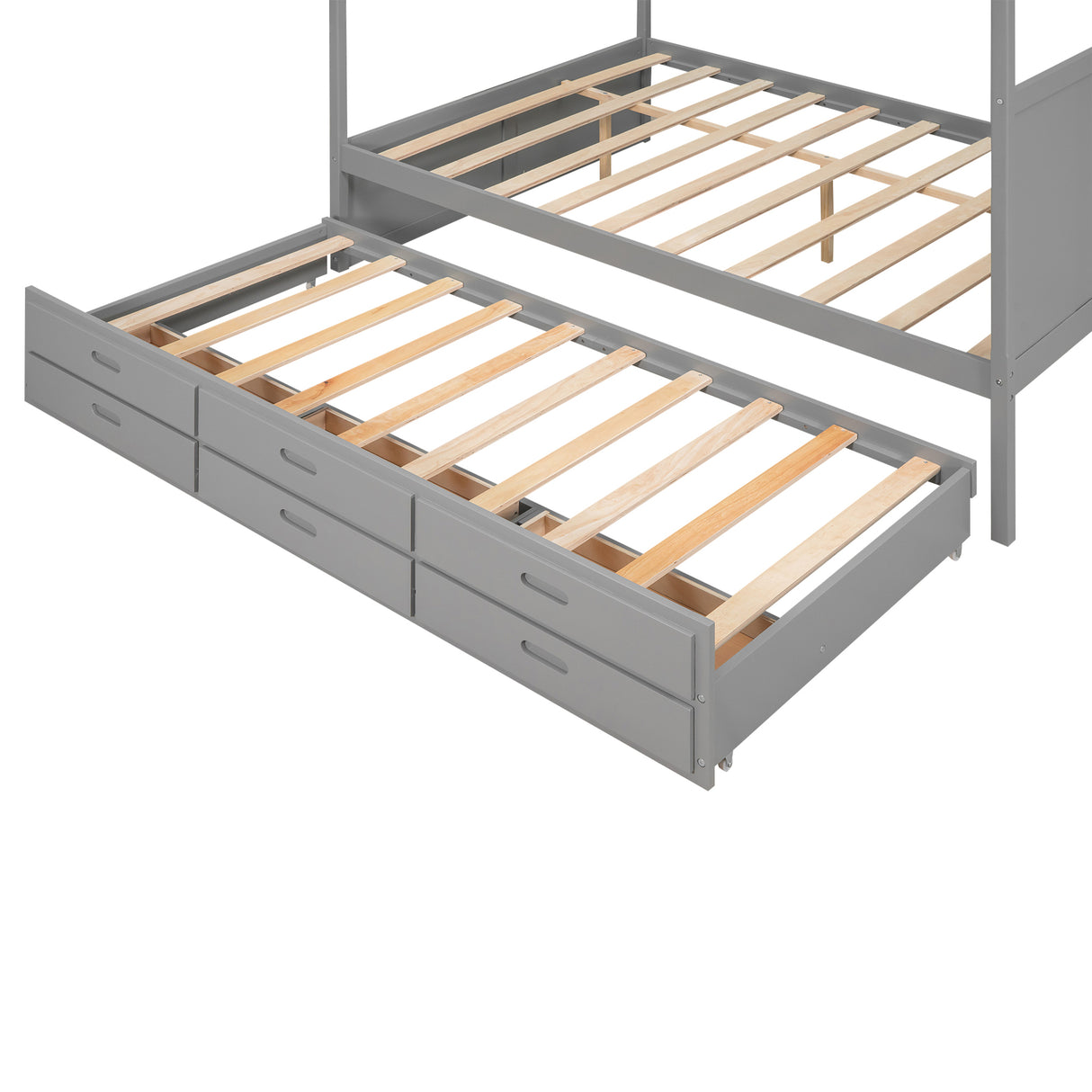 Queen Size Canopy Platform Bed with Twin Size Trundle and Three Storage Drawers,Gray - Home Elegance USA