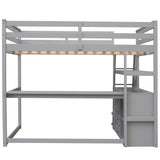 Full Size Loft Bed with Desk and Shelves,Two Built-in Drawers,Gray - Home Elegance USA