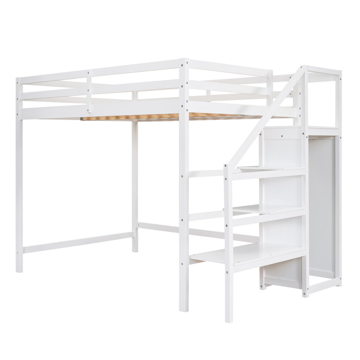 Full Size Loft Bed with Built-in Storage Wardrobe and Staircase,White - Home Elegance USA