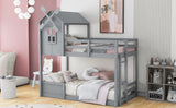 Twin over Twin Bunk Bed with Roof and Window, with Guardrails and Ladder, Gray - Home Elegance USA