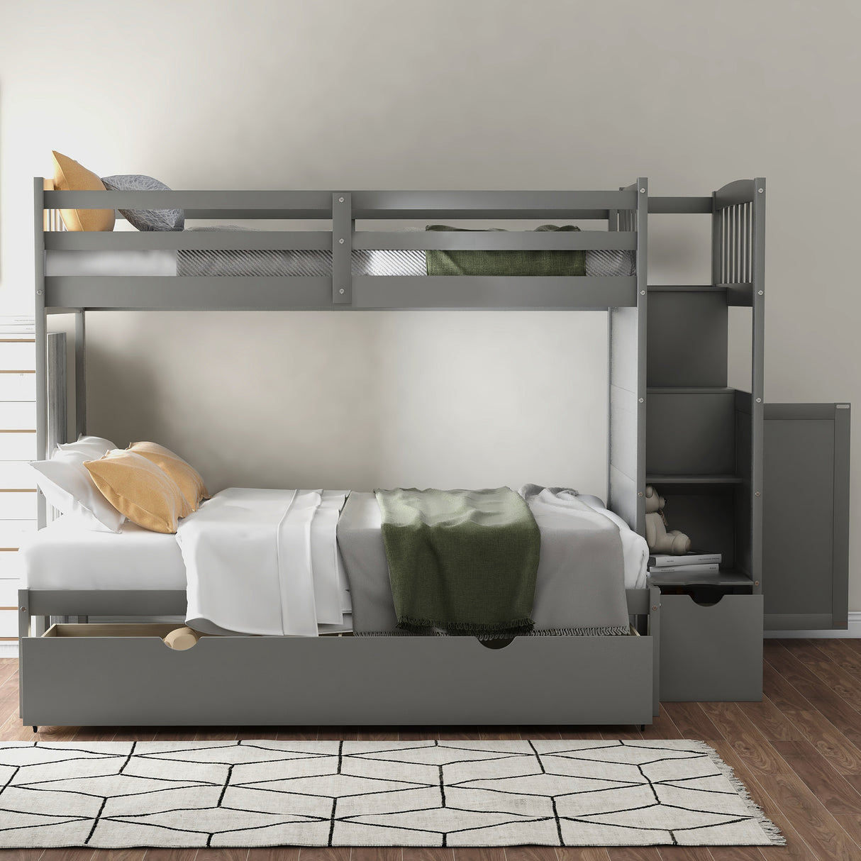 Twin over Full/Twin Bunk Bed, Convertible Bottom Bed, Storage Shelves and Drawers, Gray - Home Elegance USA