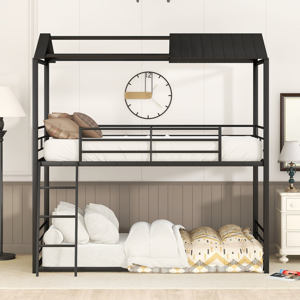 Twin Over Twin Bunk Bed Metal Bed with Half Roof, Guardrail and Ladder Black - Home Elegance USA