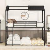 Twin Over Twin Bunk Bed Metal Bed with Half Roof, Guardrail and Ladder Black - Home Elegance USA