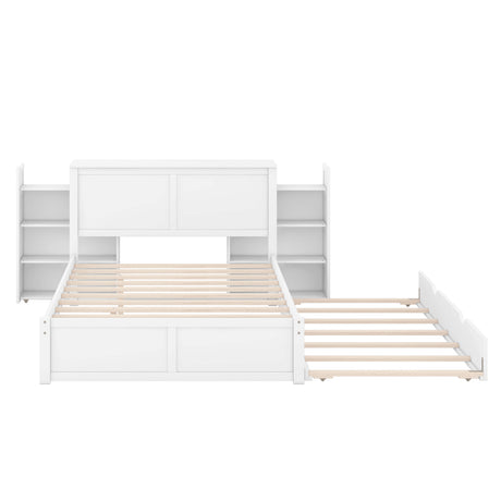 Full Size Storage Platform Bed with Pull Out Shelves and Twin Size Trundle, White - Home Elegance USA