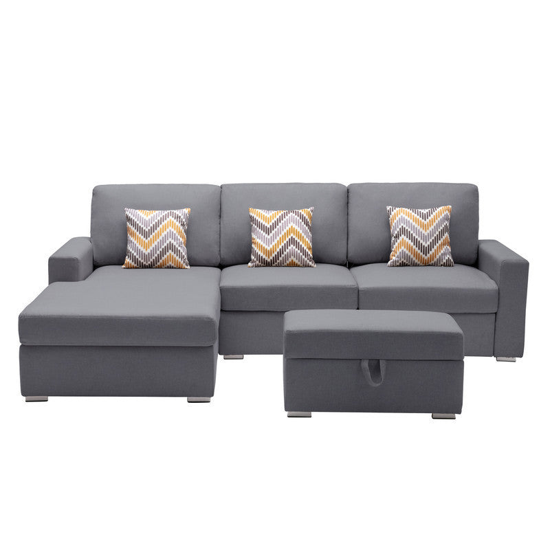 Nolan Gray Linen Fabric 4Pc Reversible Sofa Chaise with Interchangeable Legs, Storage Ottoman, and Pillows - Home Elegance USA