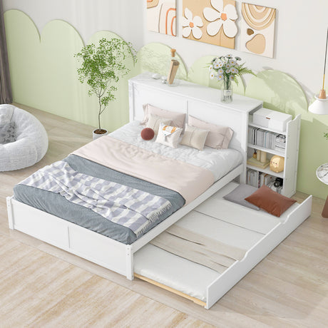 Queen Size Storage Platform Bed with Pull Out Shelves and Twin  XL Size Trundle, White - Home Elegance USA