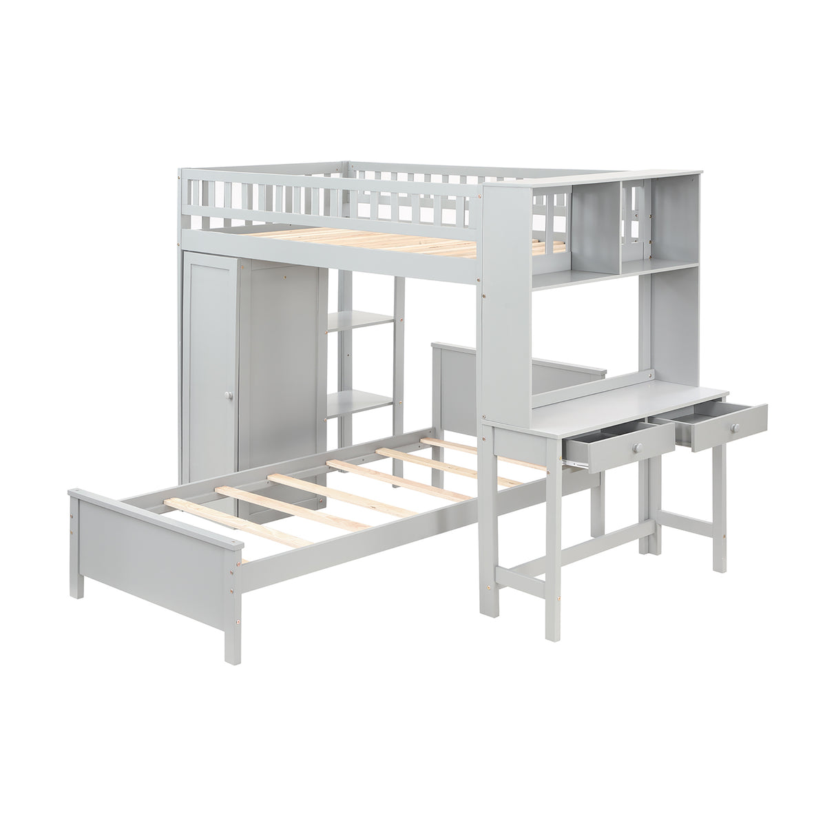 Twin Size Loft Bed with Closet and Desk, Extra Bottom Twin Bed, Grey - Home Elegance USA