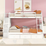 Twin-Over-Full Bunk Bed with Drawers，Ladder and Storage Staircase, White - Home Elegance USA