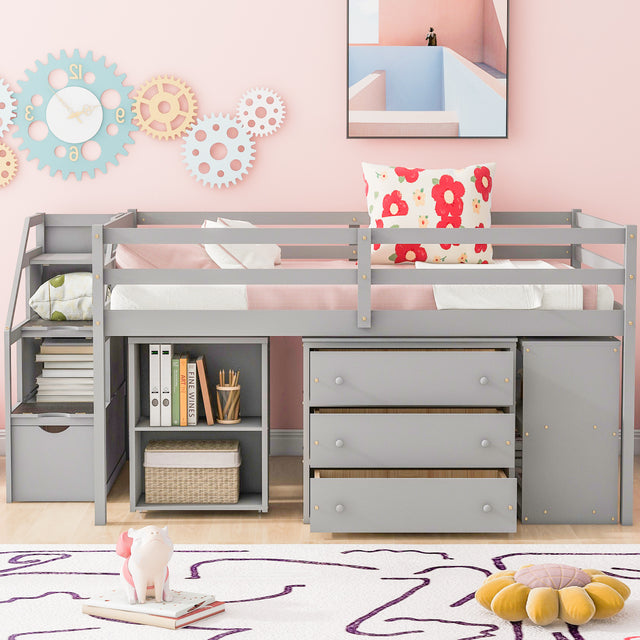 Full Size Loft Bed with Retractable Writing Desk and 3 Drawers, Wooden Loft Bed with Storage Stairs and Shelves, Gray - Home Elegance USA