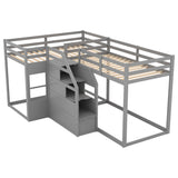 Twin over Twin L-Shaped Bunk Bed with Built-in Middle Staircase,Gray - Home Elegance USA