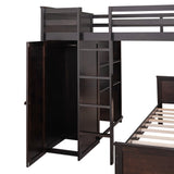 Full size Loft Bed with a twin size Stand-alone bed, Shelves,Desk,and Wardrobe-Espresso - Home Elegance USA