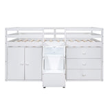 Full Size Functional Loft Bed with Cabinets and Drawers, Hanging Clothes at the back of the Staircase, White - Home Elegance USA