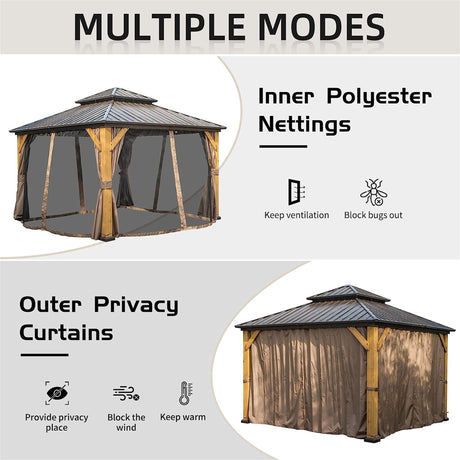 Brown Cedar Wood 12'x12' Hardtop Gazebo: Galvanized Steel Roof, Curtains, Netting - Ideal for Patio, Backyard, Lawn
