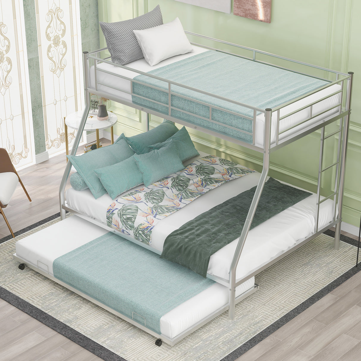 Twin over Full Bed with Sturdy Steel Frame, Bunk Bed with Twin Size Trundle, Two-Side Ladders, Silver(OLD SKU:MF194424AAN) - Home Elegance USA