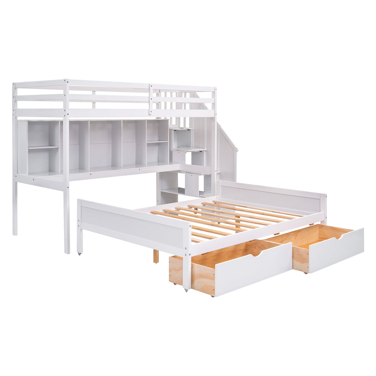 Twin XL over Full Bunk Bed with Built-in Storage Shelves, Drawers and Staircase,White - Home Elegance USA