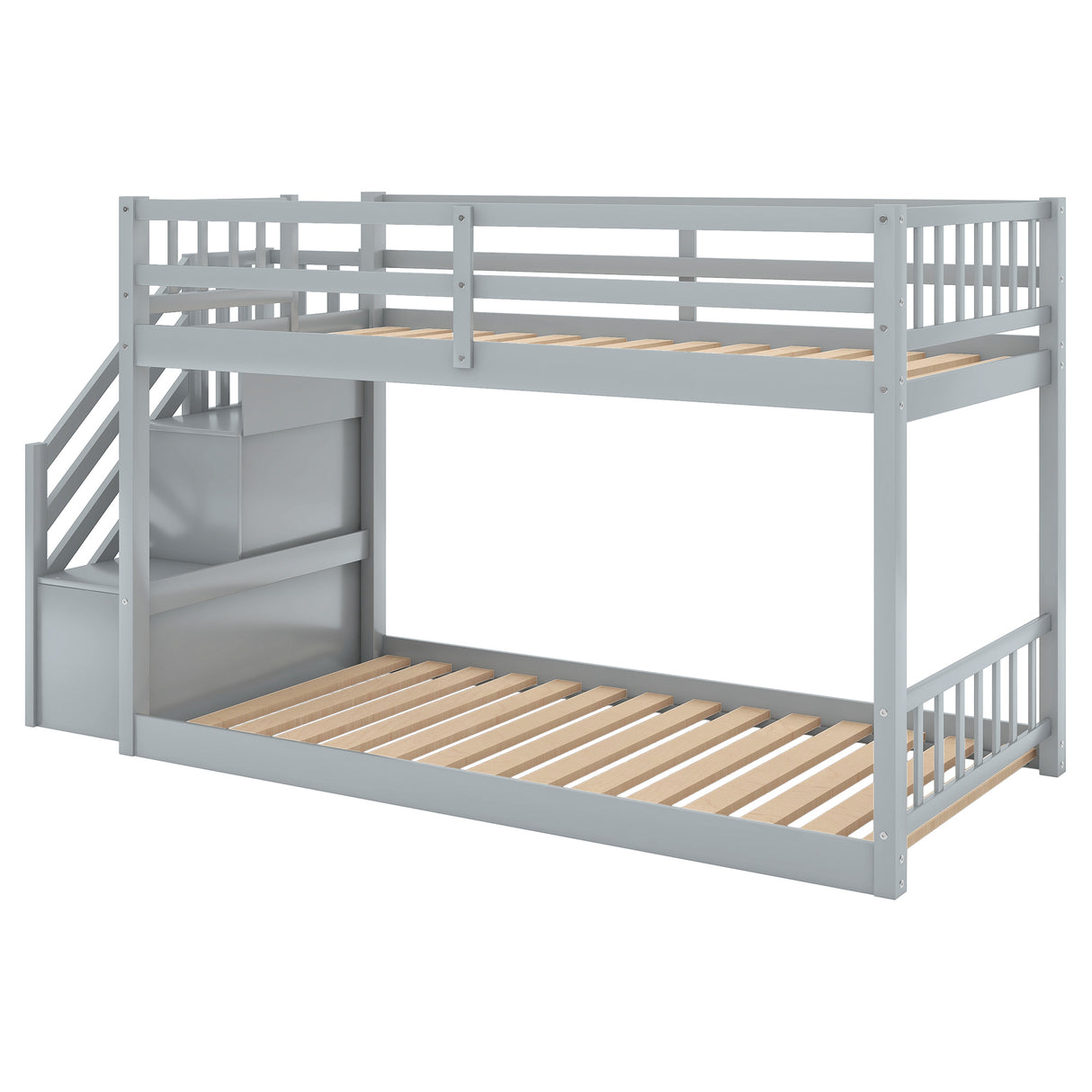 Twin over Twin Floor Bunk Bed, Ladder with Storage, Gray - Home Elegance USA