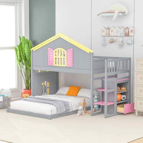 Twin over Full House Bunk Bed with Pink Staircase and Drawer,  Shelves Under the Staircase, House Shaped Bed with Windows, Gray - Home Elegance USA