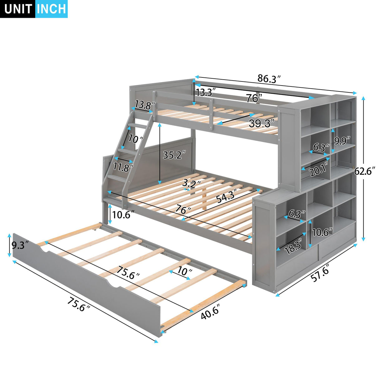 Twin over Full Bunk Bed with Trundle and Shelves, can be Separated into Three Separate Platform Beds, Gray - Home Elegance USA