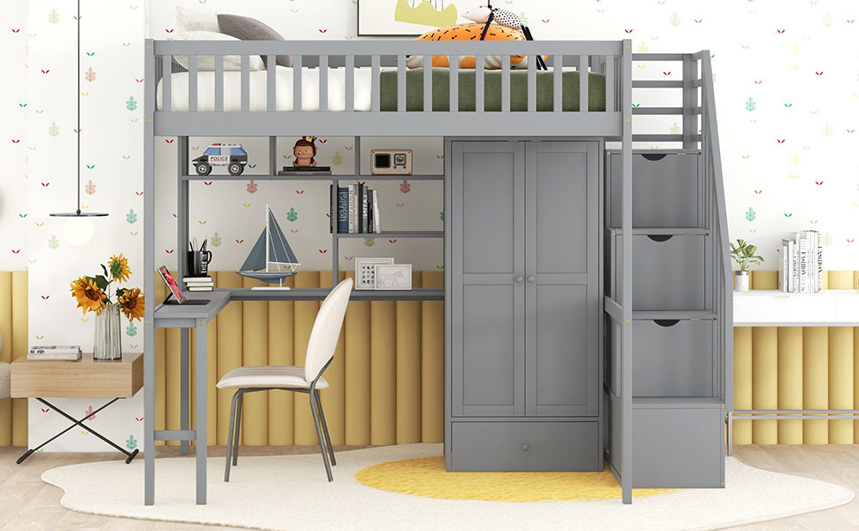 Full size Loft Bed with Bookshelf,Drawers,Desk,and Wardrobe-Gray - Home Elegance USA