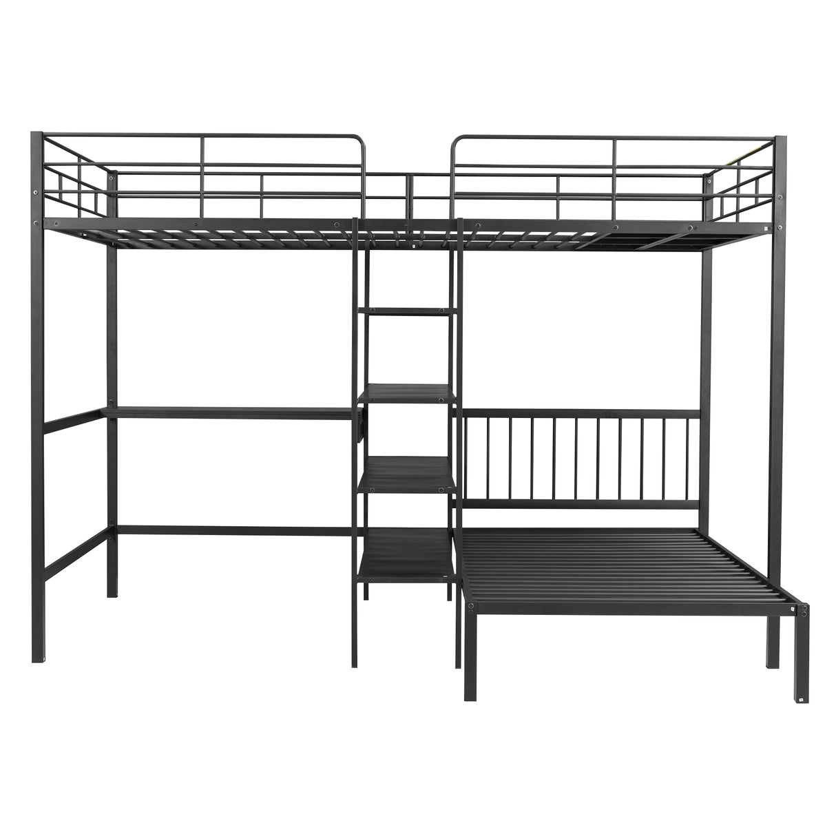 Full Over Twin Metal Bunk Bed with Built-in Desk, Shelves and Ladder, Black