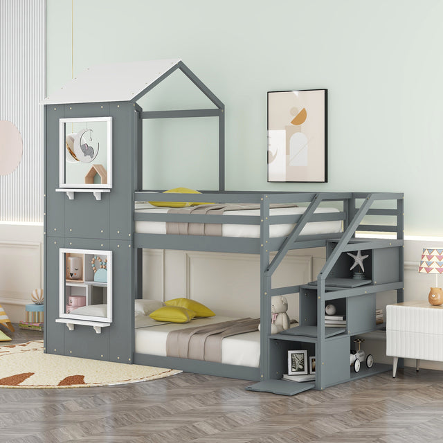 Twin Over Twin Bunk Bed with Storage Stairs,Wood Bed with Roof, Window, Guardrail, Ladder，Gray+White - Home Elegance USA