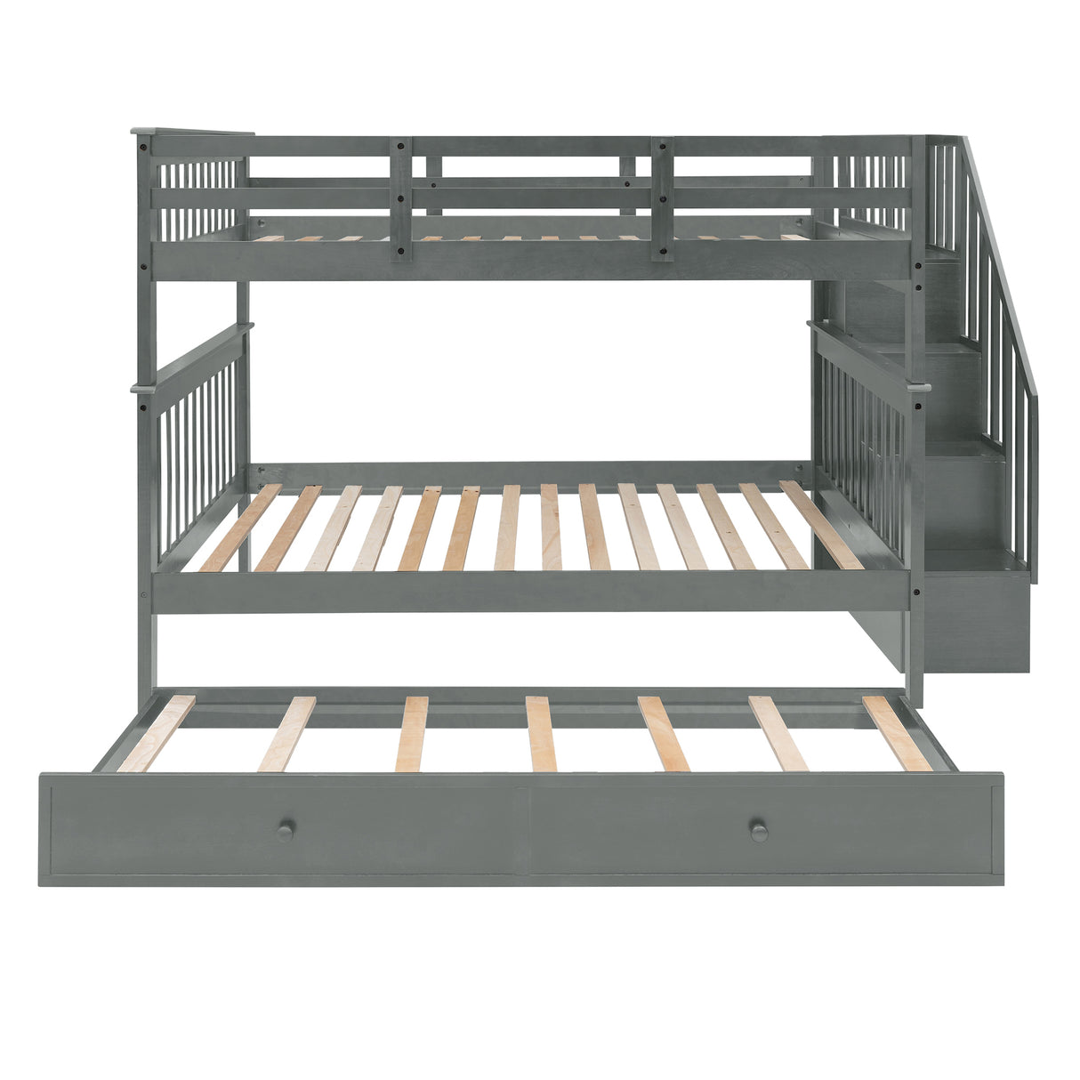 Stairway Full-Over-Full Bunk Bed with Twin size Trundle, Storage and Guard Rail for Bedroom, Dorm - Gray(OLD SKU :LP001210AAE) - Home Elegance USA