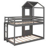 Twin Over Twin Bunk Bed Wood Bed with Roof, Window, Guardrail, Ladder (Gray) - Home Elegance USA