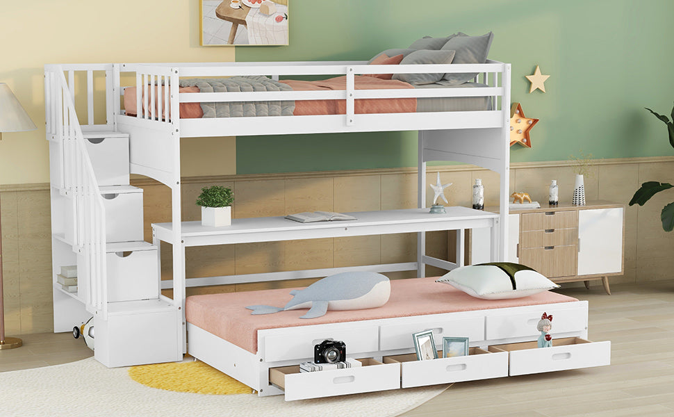 Stairway Twin XL Loft Bed with Twin Size Trundle and 3 Drawers, Storage, Desk, White - Home Elegance USA