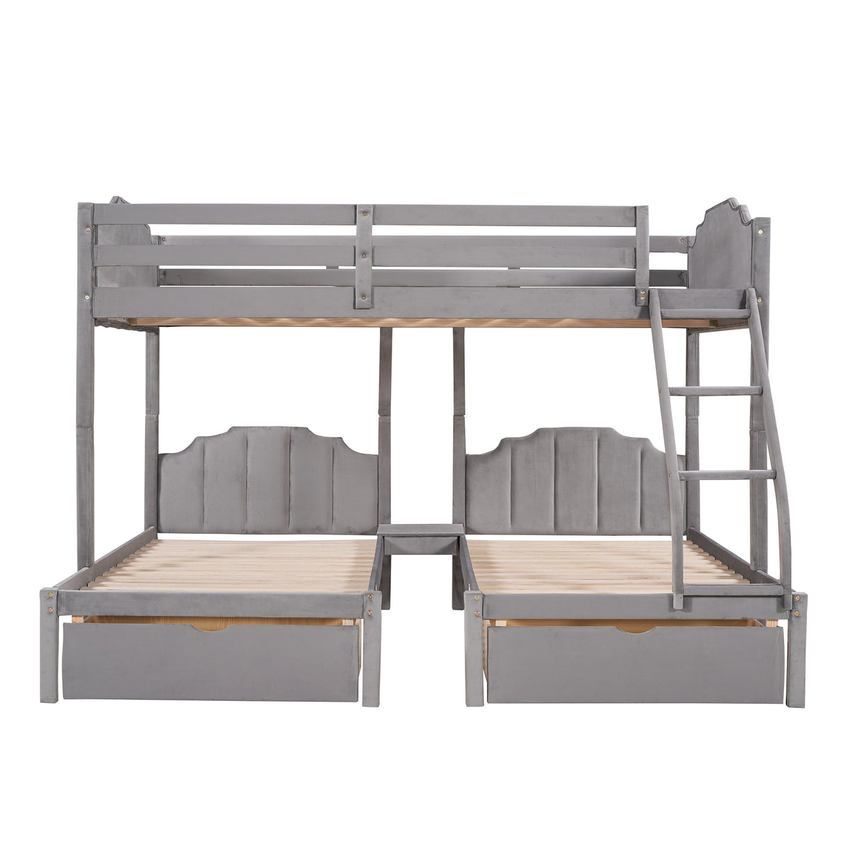 Full Over Twin & Twin Bunk Bed, Velvet Triple Bunk Bed with Drawers and Guardrails, Gray - Home Elegance USA