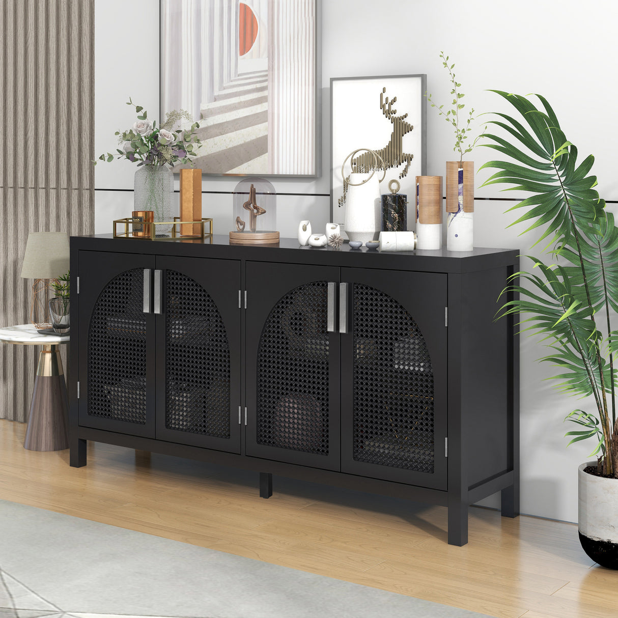 TREXM Large Storage Space Sideboard with Artificial Rattan Door and Metal Handles for Living Room and Entryway (Black) - Home Elegance USA