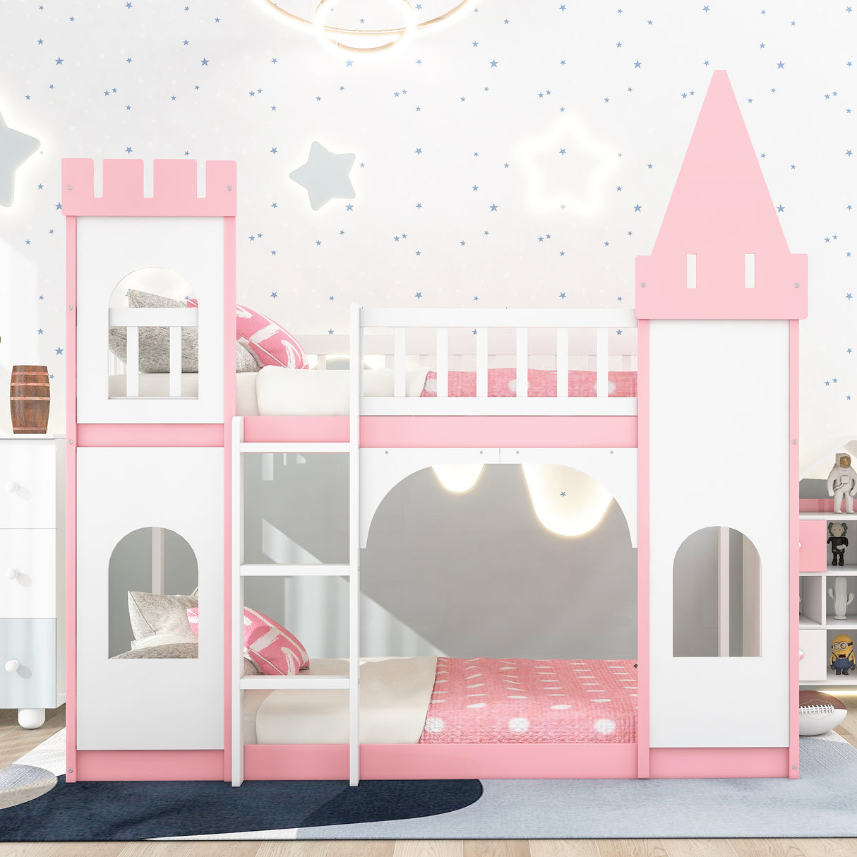 Twin Over Twin Castle Bunk Bed with Ladder - Pink - Home Elegance USA