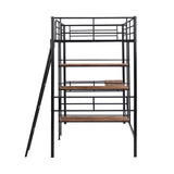 Twin Size Metal Loft Bed and Built-in Desk and Shelves,Black(OLD DKU:WF280270AAB) - Home Elegance USA