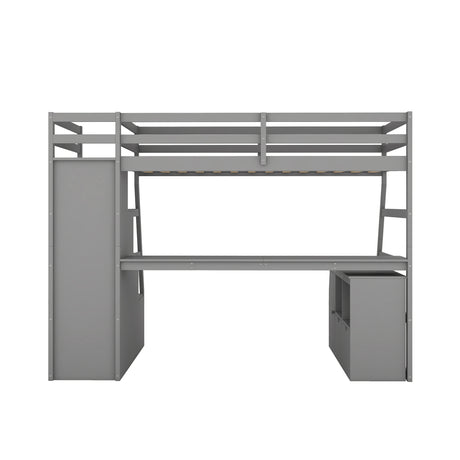 Twin Size Loft Bed with with 7 Drawers 2 Shelves and Desk - Gray