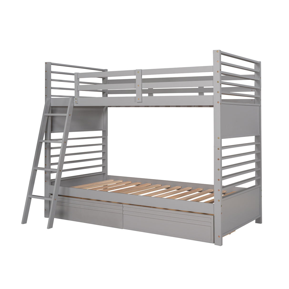 Twin over Twin Wood Bunk Bed with Two Drawers - Gray - Home Elegance USA