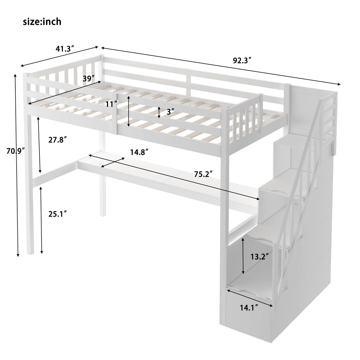 Twin Size Loft Bed with Staircase and Built-in Desk ,White - Home Elegance USA