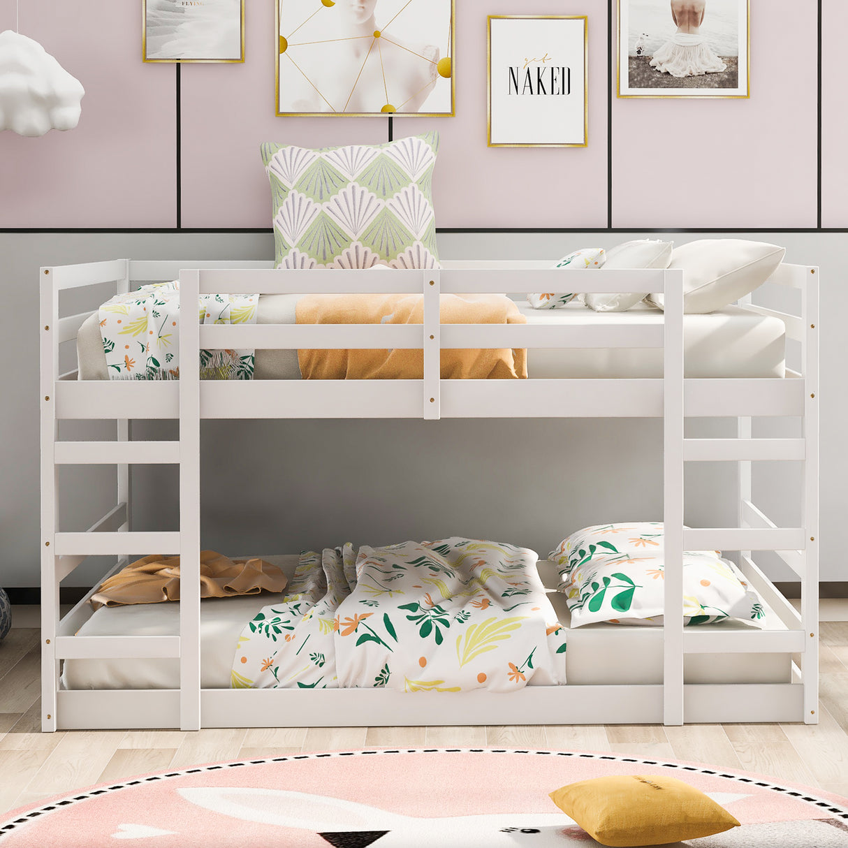 Full Over Full Bunk Bed with Ladder, White（OLD SKU:WF282788AAK） - Home Elegance USA