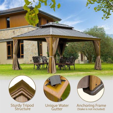 12'x14' Hardtop Gazebo with cedar frame, steel roof, and netting for outdoor use in patios and lawns.