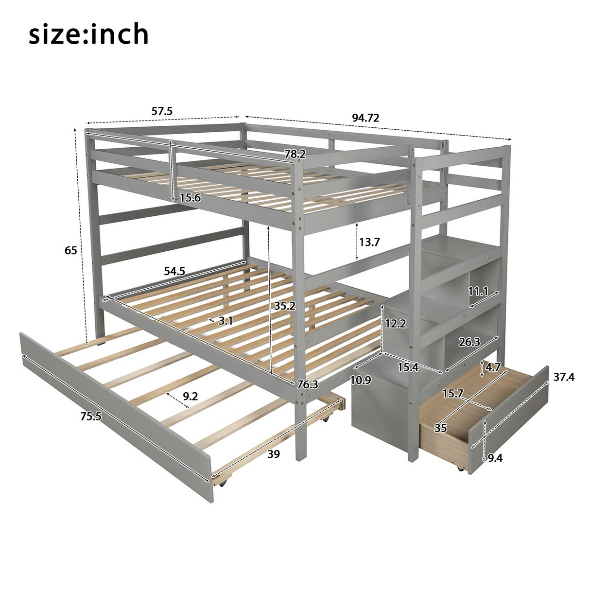 Full over Full Bunk Bed with Twin Size Trundle (Gray)(OLD SKU :LP000033AAE) - Home Elegance USA