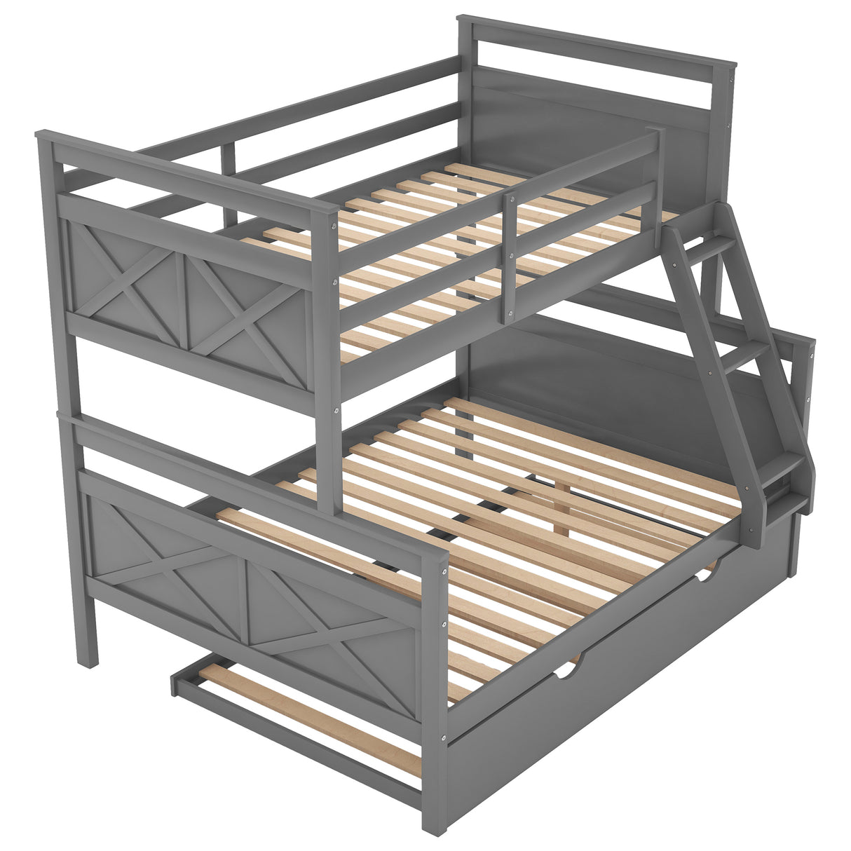 Twin over Full Bunk Bed with Ladder, Twin Size Trundle, Safety Guardrail, Gray - Home Elegance USA