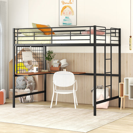 Full Metal Loft Bed with Desk and Metal Grid, Black - Home Elegance USA