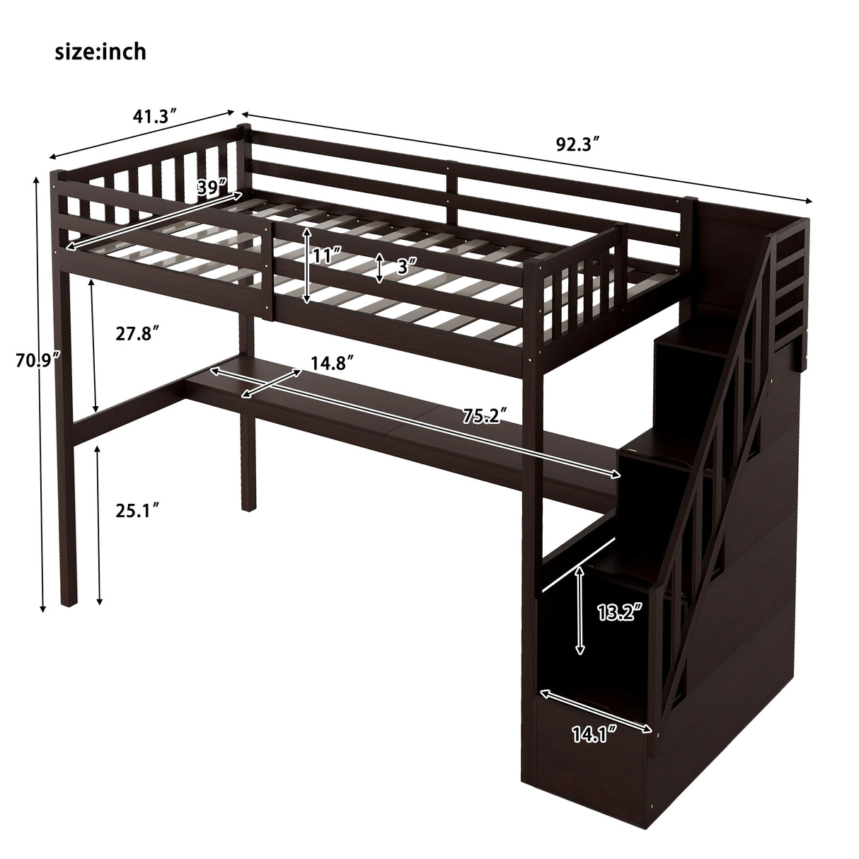 Twin Size Loft Bed with Staircase and Built-in Desk,Espresso - Home Elegance USA