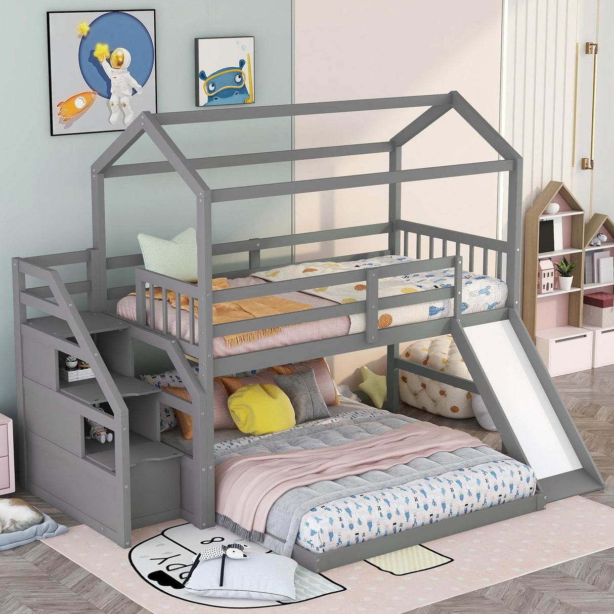 Twin over Full House Bunk Bed with Convertible Slide and Storage Staircase,Full-Length Guardrail,Gray - Home Elegance USA