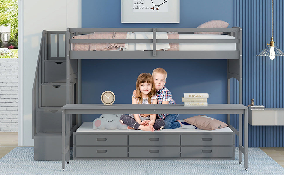 Stairway Twin XL Loft Bed with Twin Size Trundle and 3 Drawers, Storage, Desk, Gray - Home Elegance USA