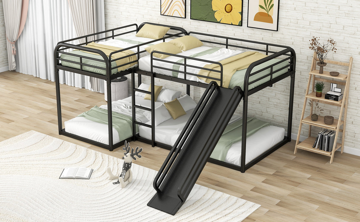 Full and Twin Size L-Shaped Bunk Bed with Slide and Short Ladder, Black - Home Elegance USA