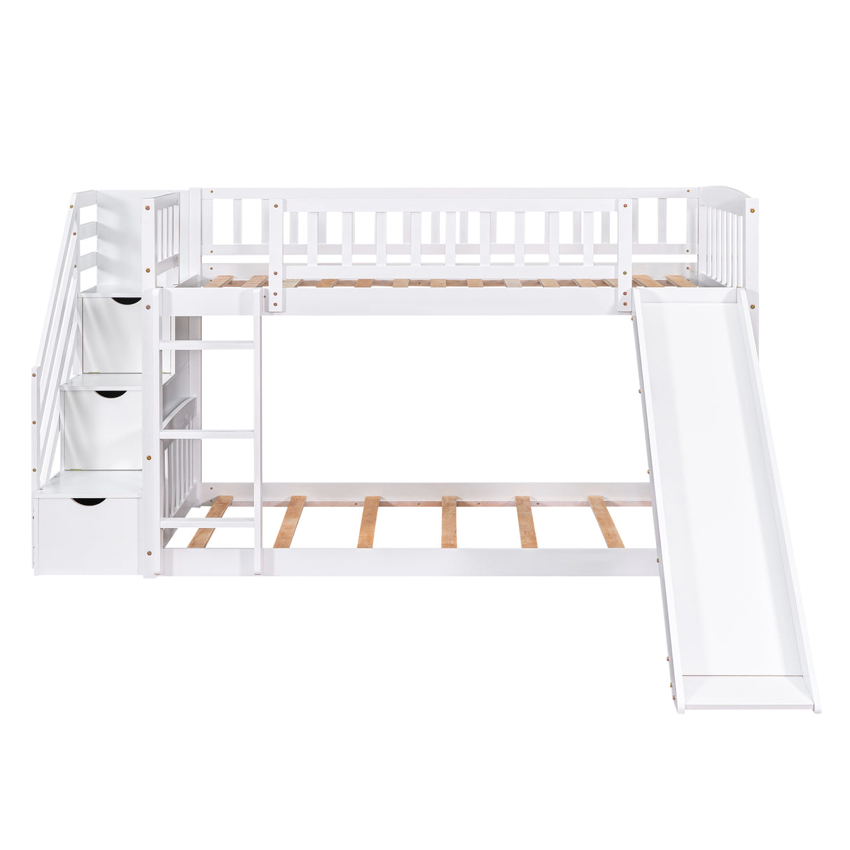 Stairway Twin over Twin Bunk Bed with Two Drawers and Slide, White(OLD SKU :LT000155AAK) - Home Elegance USA