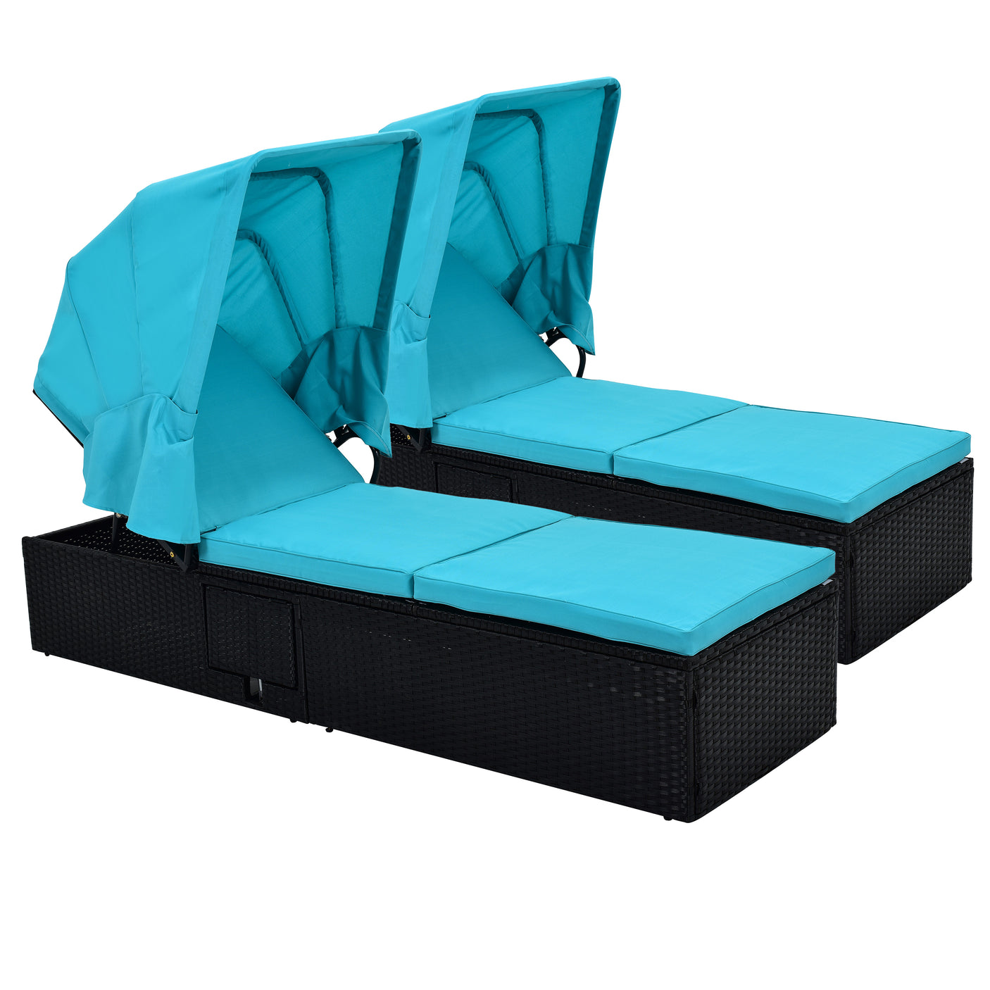 TOPMAX 76.8" Long Reclining Single Chaise Lounge with Cushions,Canopy and Cup Table, Black Wicker+ Blue Cushion, Set of 2