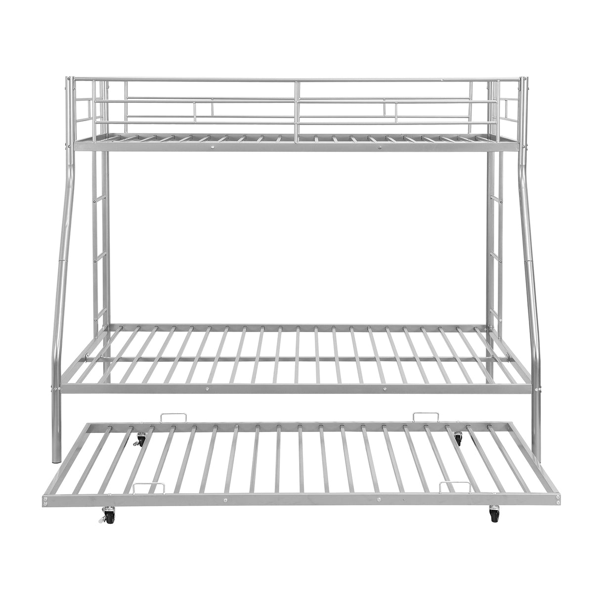 Twin over Full Bed with Sturdy Steel Frame, Bunk Bed with Twin Size Trundle, Two-Side Ladders, Silver