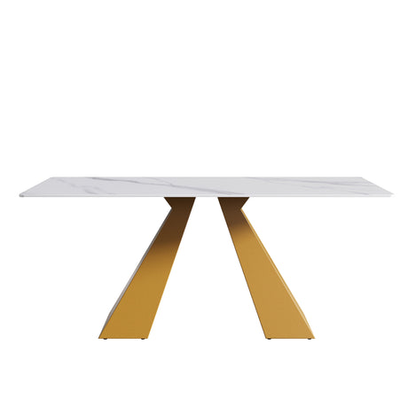 70.87" modern artificial stone white straight edge golden metal leg dining table - can accommodate 6 - 8 people - W1535S00124 - Home Elegance USA - 3