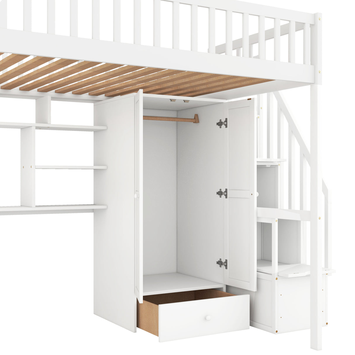 Full size Loft Bed with Bookshelf,Drawers,Desk,and Wardrobe-White - Home Elegance USA